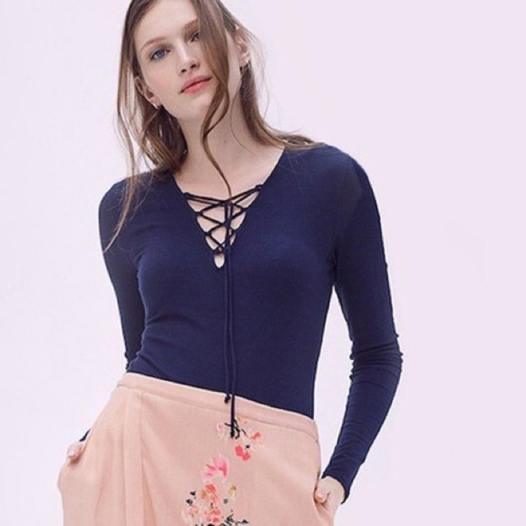 ROUVE Navy LaceUp Tie Bodysuit Stretch Ribbed Navy S - Picture 1 of 8